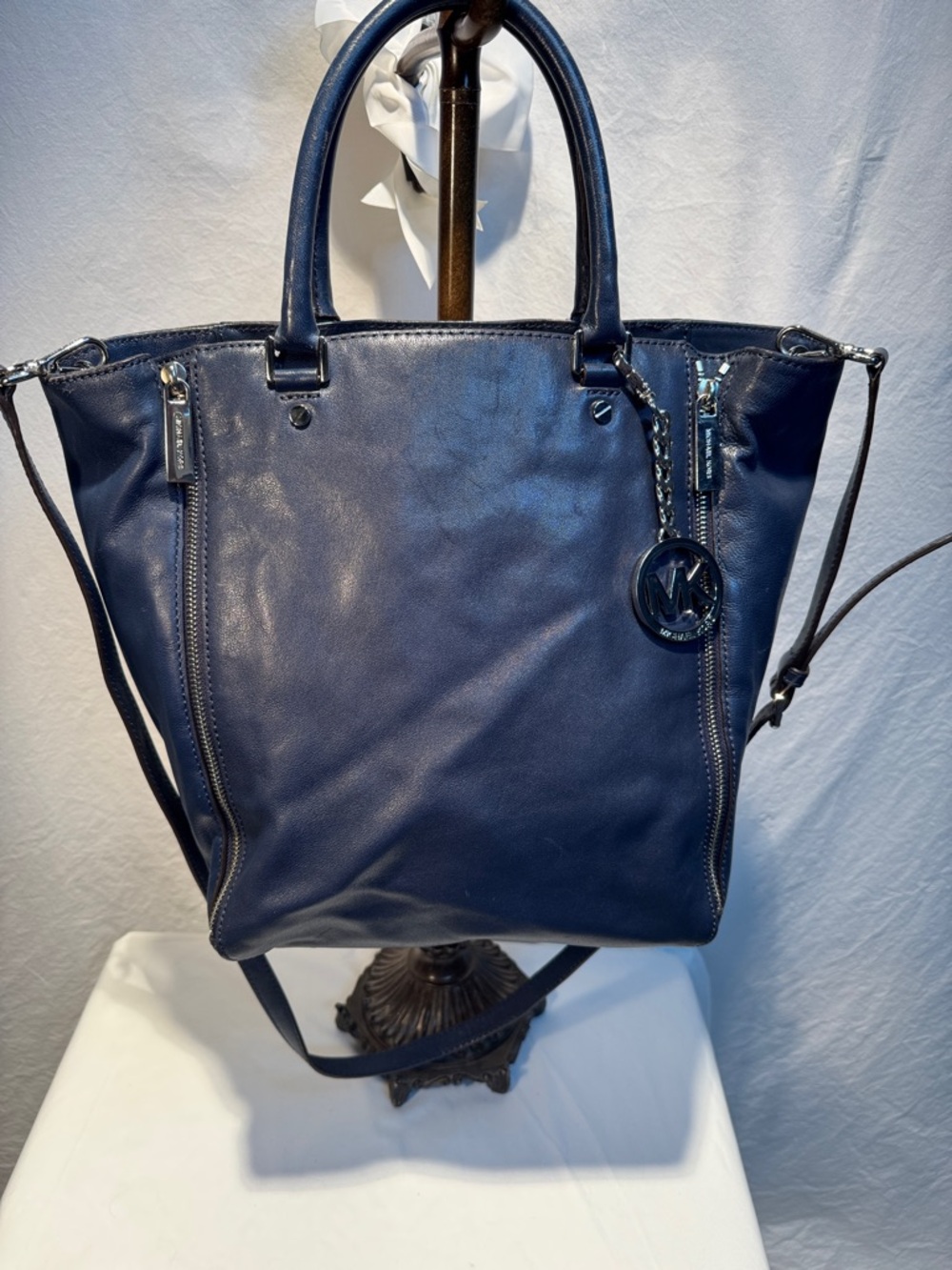 Michael Kors Navy Leather Zip-Accent Tote with MK Charm